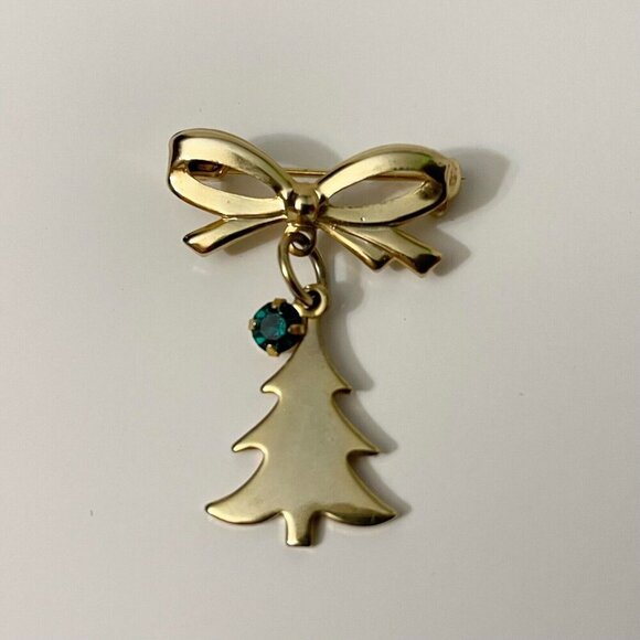 Vintage Christmas Pin Brooch Bow Tree Green Rhinestone Dangle - Picture 11 of 12
